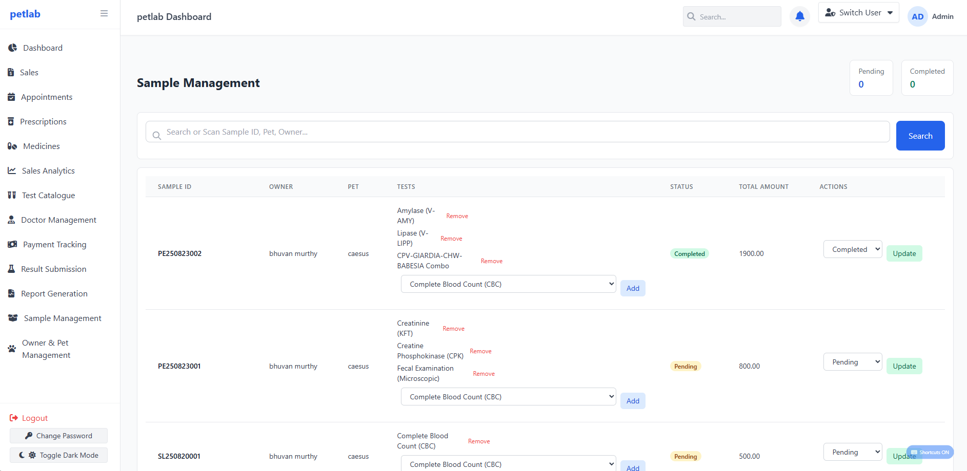 Sample Management interface preview
